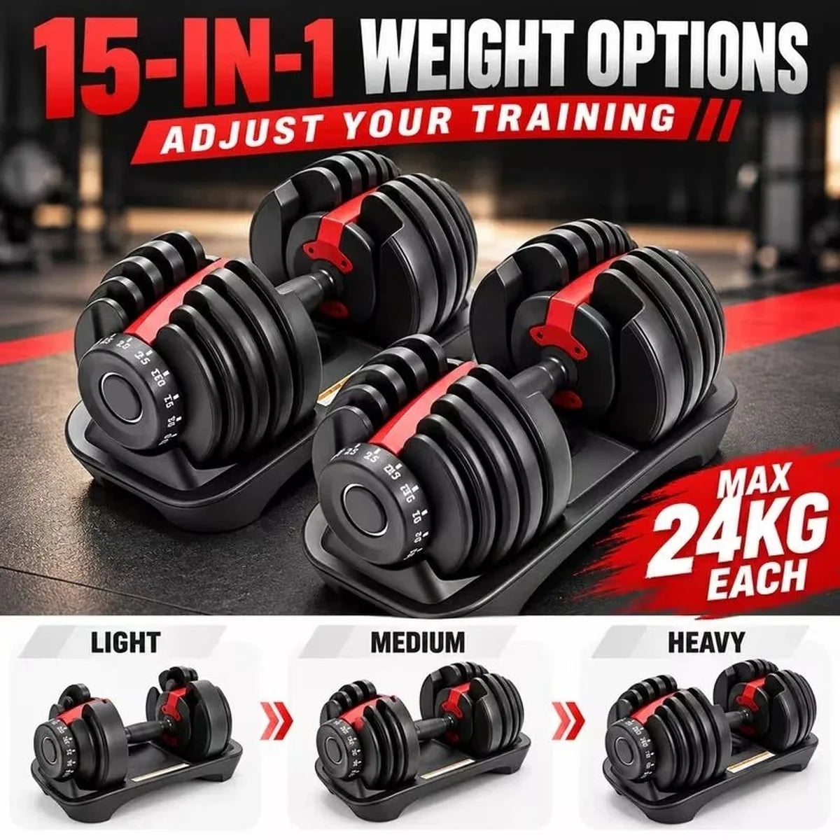 24kg Adjustable Dumbbells (15 sets in 1) - BlackBear Fitness