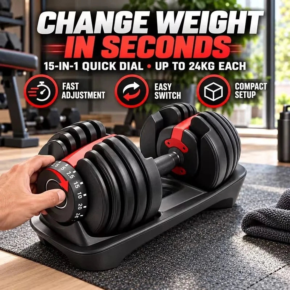 24kg Adjustable Dumbbells (15 sets in 1) - BlackBear Fitness
