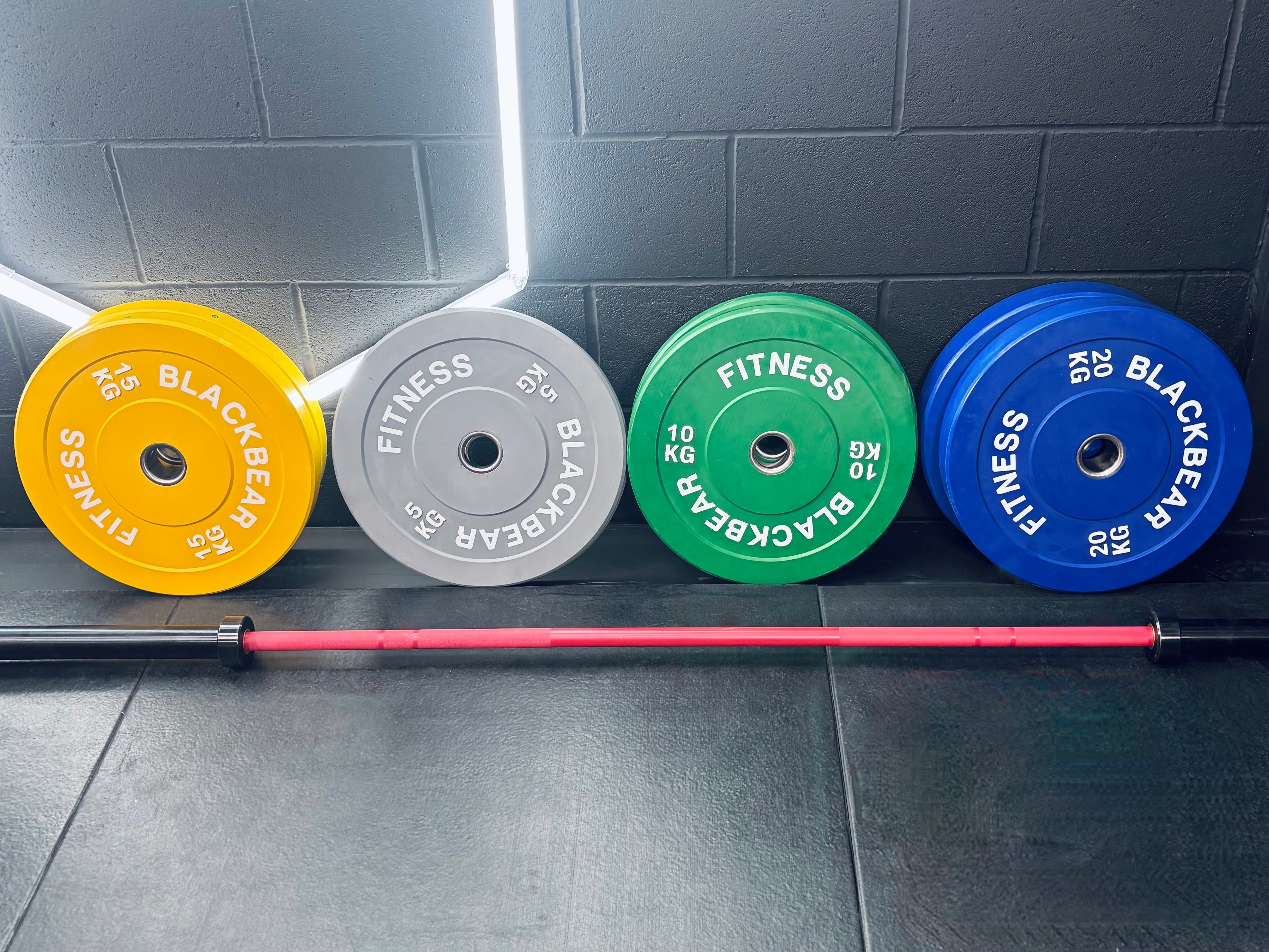7ft 20kg Bar and 100kg Coloured Bumper Plate Package #3