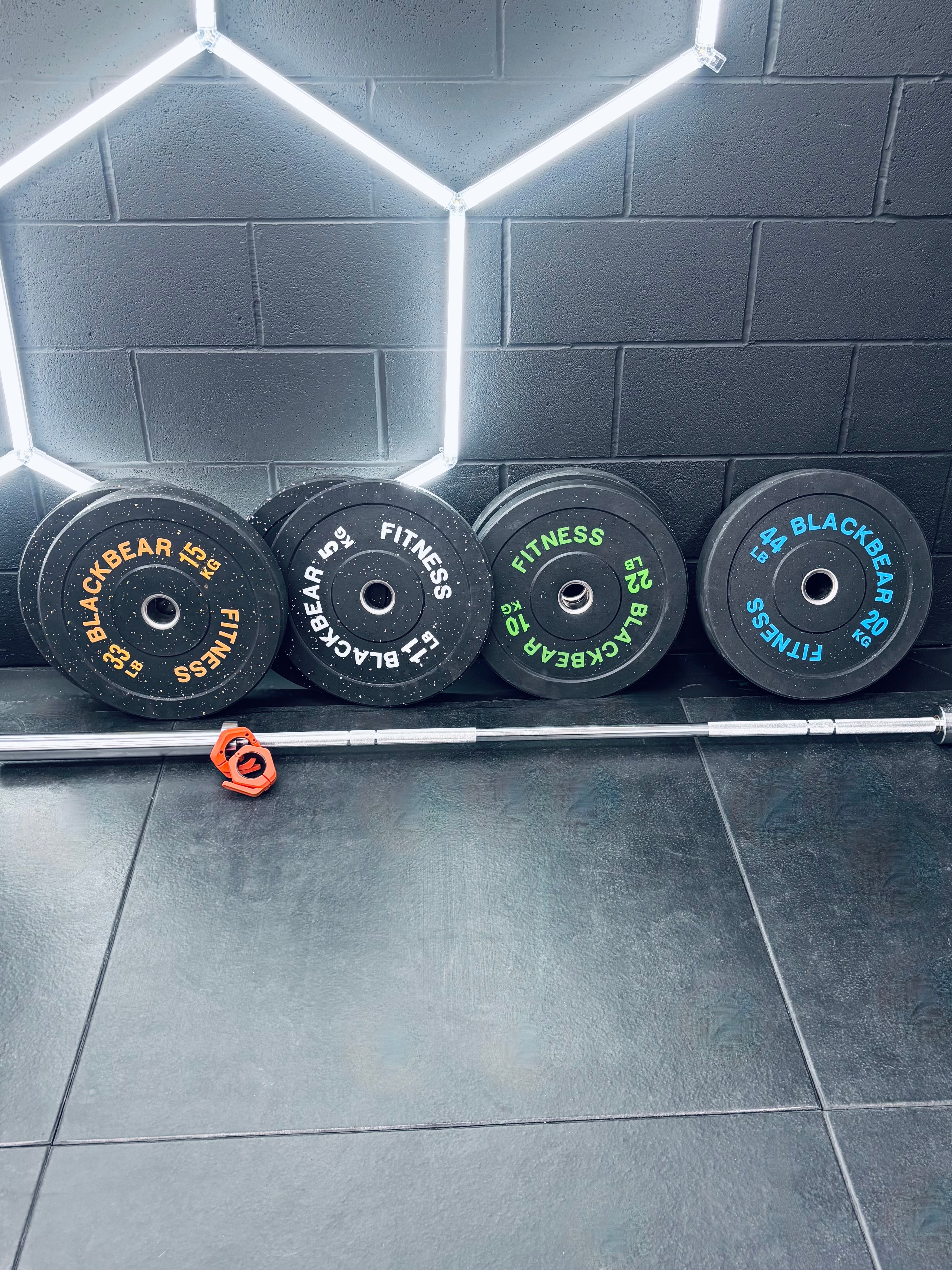 7ft 20kg Bar and 100kg Hi-Temp Bumper Plate Package #2
