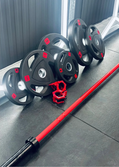 7ft 20kg Red and Black Olympic Barbell with 100kg Tri Grip Weight Plate Package - BlackBear Fitness