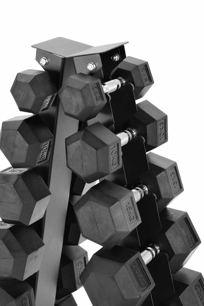 5kg–30kg Hex Dumbbell Package + A-Frame Rack (6 Pairs) - BlackBear Fitness