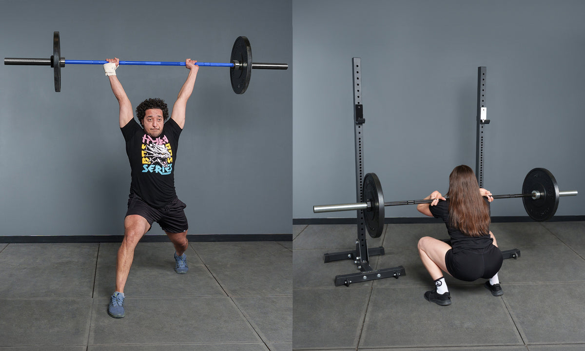 Bells of Steel barbells being used for overhead lifting and squats