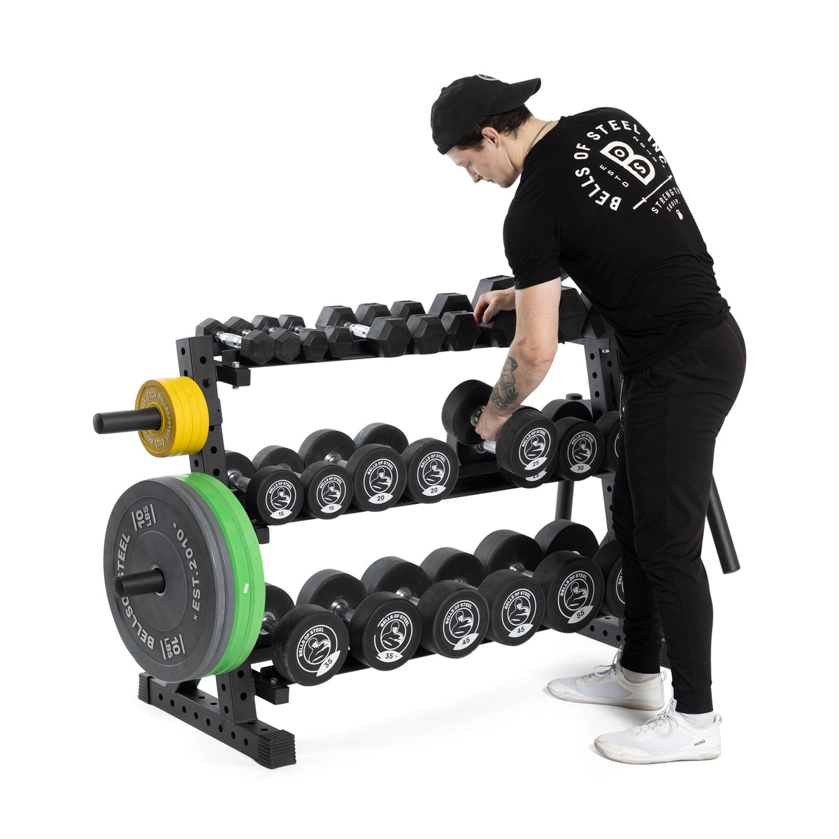 Bells of Steel storage rack holding dumbbells and weight plates