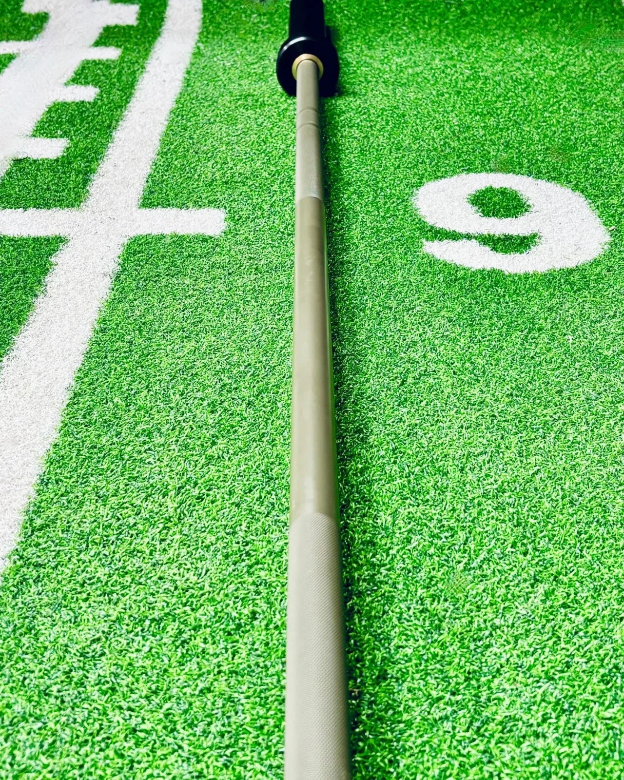 Barbell on a green turf backdrop, real product shot.