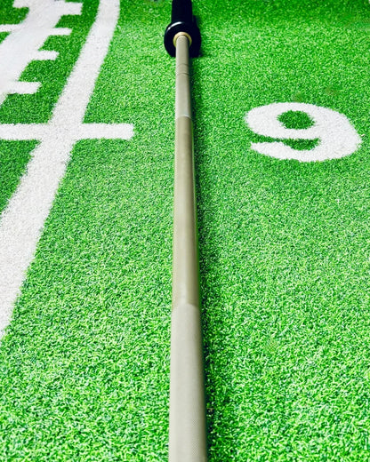 Barbell on a green turf backdrop, real product shot.